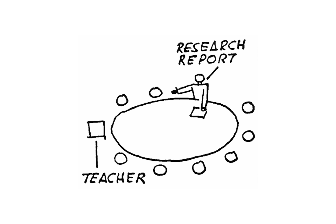Cartoon line drawing of figure presenting to a round table